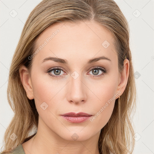 Neutral white young-adult female with long  brown hair and blue eyes