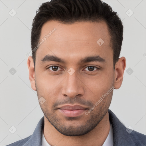 Neutral white young-adult male with short  brown hair and brown eyes