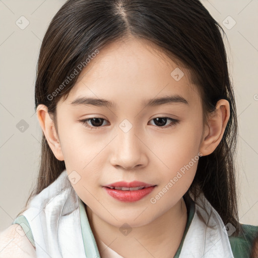 Joyful white child female with medium  brown hair and brown eyes