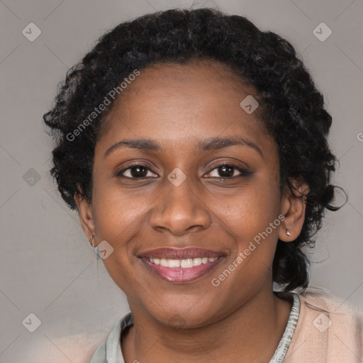 Joyful black young-adult female with medium  black hair and brown eyes