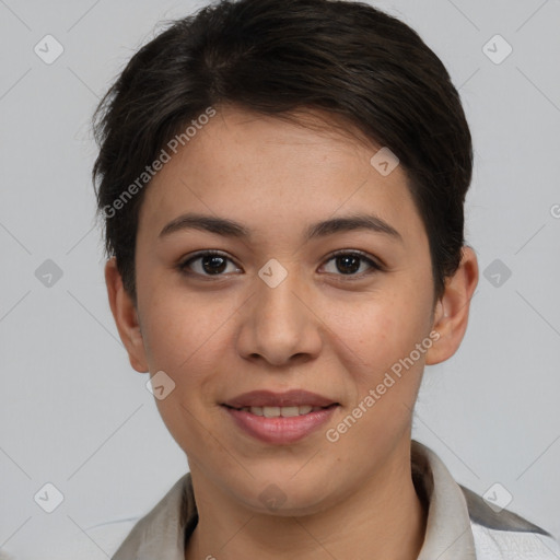 Joyful white young-adult female with short  brown hair and brown eyes