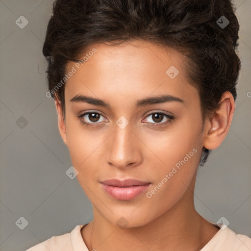 Joyful white young-adult female with short  brown hair and brown eyes