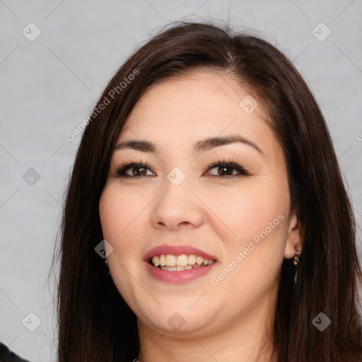 Joyful white young-adult female with medium  brown hair and brown eyes