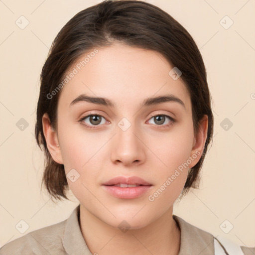 Neutral white young-adult female with medium  brown hair and brown eyes