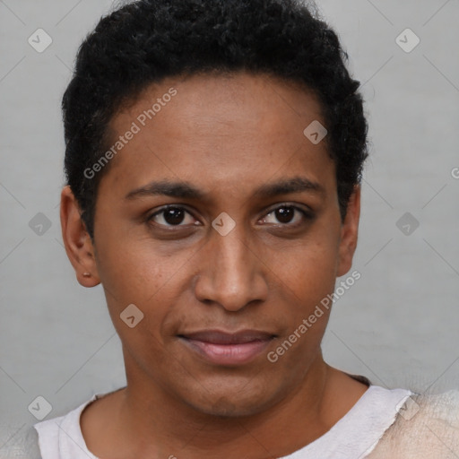 Neutral black young-adult male with short  black hair and brown eyes