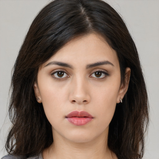 Neutral asian young-adult female with long  brown hair and brown eyes