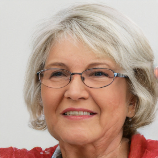 Joyful white middle-aged female with medium  blond hair and blue eyes