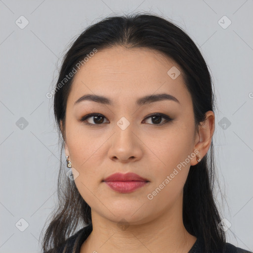 Neutral asian young-adult female with long  brown hair and brown eyes