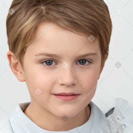 Joyful white child female with short  brown hair and brown eyes