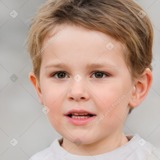 Joyful white child male with short  brown hair and brown eyes