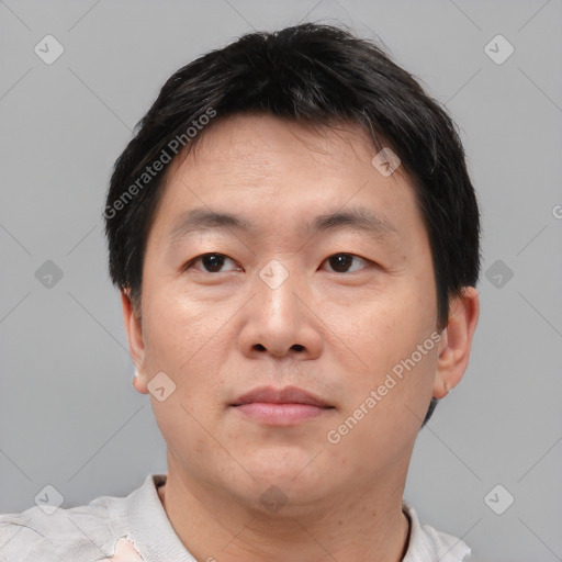 Neutral asian adult male with short  brown hair and brown eyes