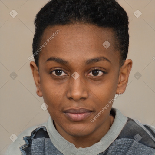 Neutral black young-adult female with short  black hair and brown eyes