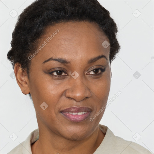 Joyful black adult female with short  brown hair and brown eyes