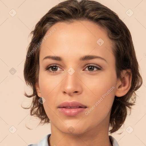 Neutral white young-adult female with medium  brown hair and brown eyes