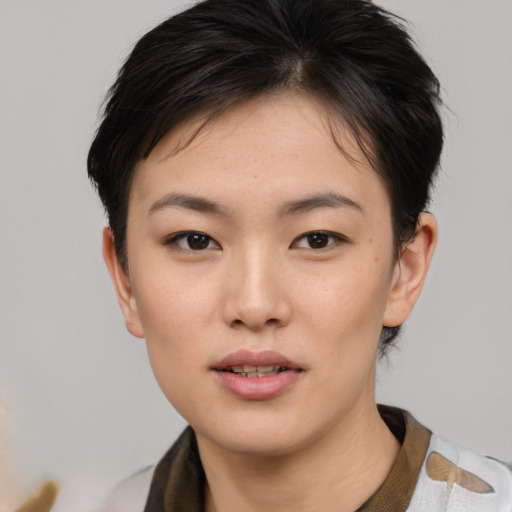 Neutral asian young-adult female with short  brown hair and brown eyes