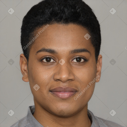 Joyful black young-adult female with short  black hair and brown eyes