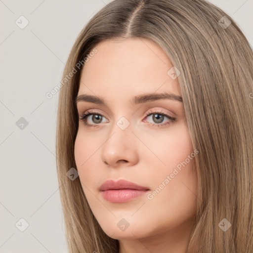 Neutral white young-adult female with long  brown hair and brown eyes