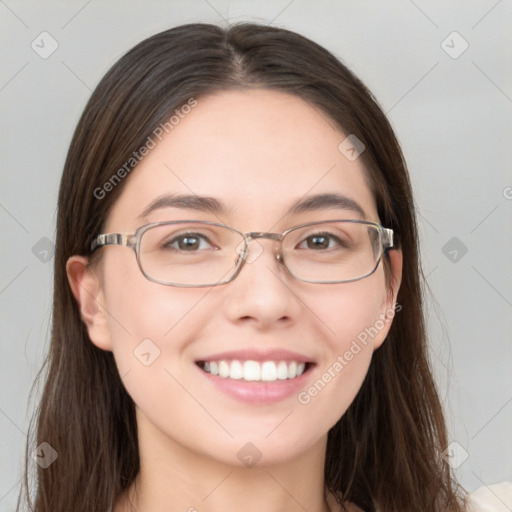 Joyful white young-adult female with long  brown hair and grey eyes