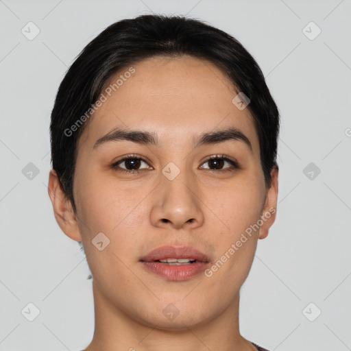 Joyful asian young-adult female with short  black hair and brown eyes