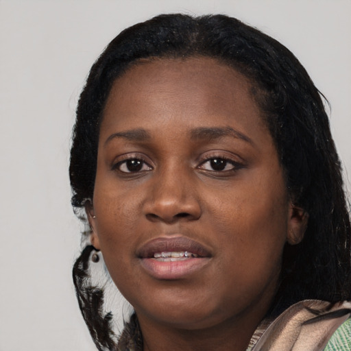 Joyful black young-adult female with long  black hair and brown eyes