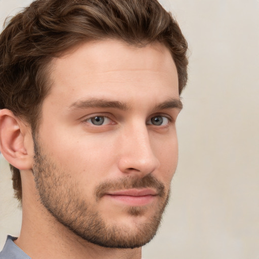 Neutral white young-adult male with short  brown hair and grey eyes