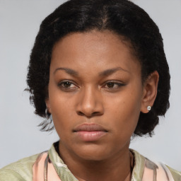 Neutral black young-adult female with medium  brown hair and brown eyes