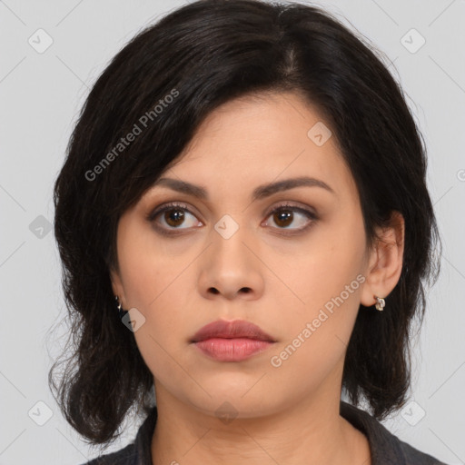 Neutral asian young-adult female with medium  black hair and brown eyes