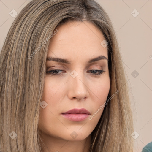 Neutral white young-adult female with long  brown hair and brown eyes