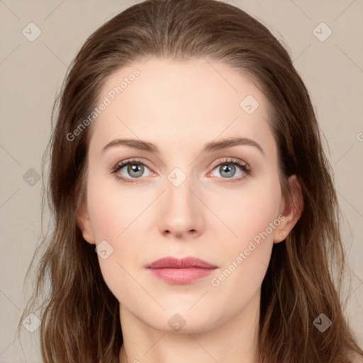 Neutral white young-adult female with long  brown hair and grey eyes