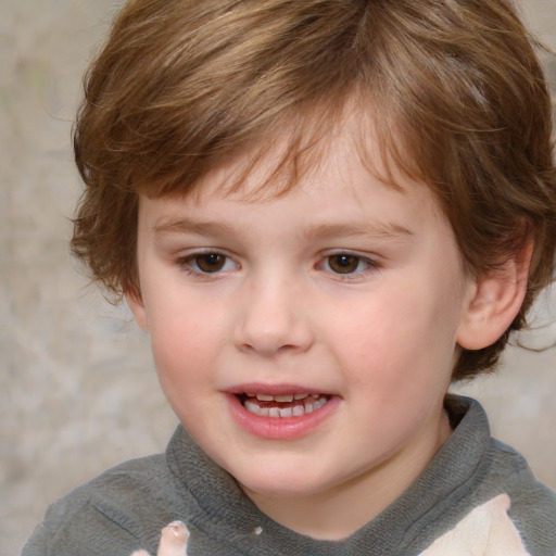 Joyful white child female with medium  brown hair and grey eyes