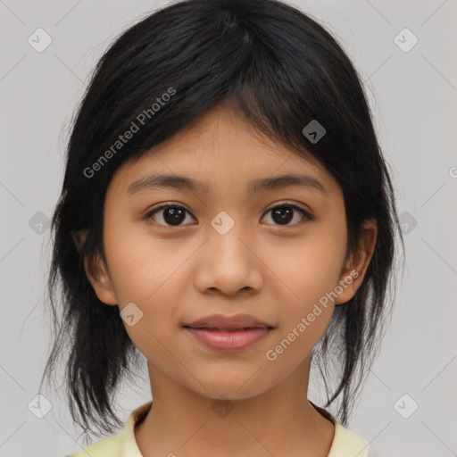 Joyful asian child female with medium  brown hair and brown eyes