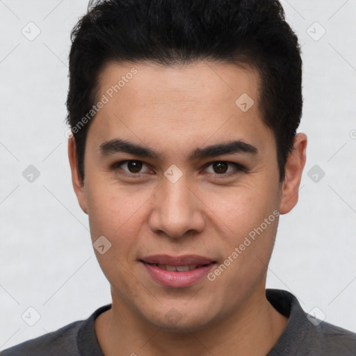 Joyful latino young-adult male with short  brown hair and brown eyes