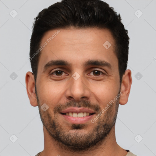 Joyful white young-adult male with short  brown hair and brown eyes