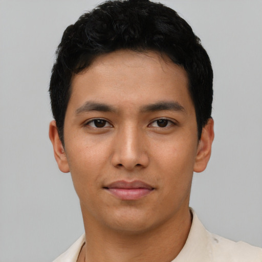 Neutral asian young-adult male with short  black hair and brown eyes