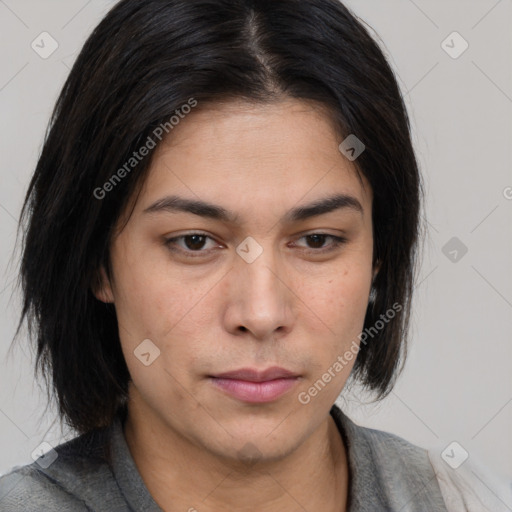 Neutral asian young-adult female with medium  brown hair and brown eyes