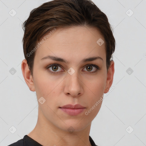 Neutral white young-adult female with short  brown hair and brown eyes