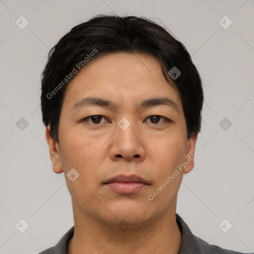 Neutral asian adult male with short  black hair and brown eyes