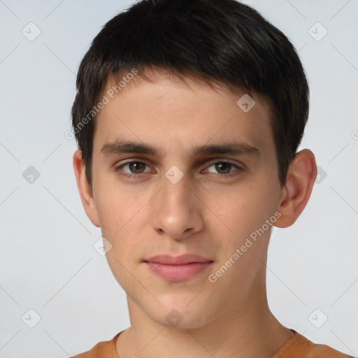 Neutral white young-adult male with short  brown hair and brown eyes