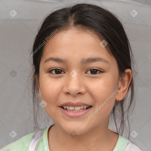 Joyful white child female with medium  brown hair and brown eyes