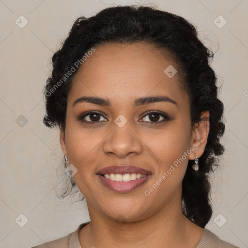 Joyful latino young-adult female with medium  black hair and brown eyes