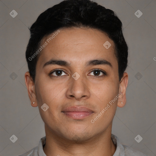 Neutral latino young-adult male with short  brown hair and brown eyes