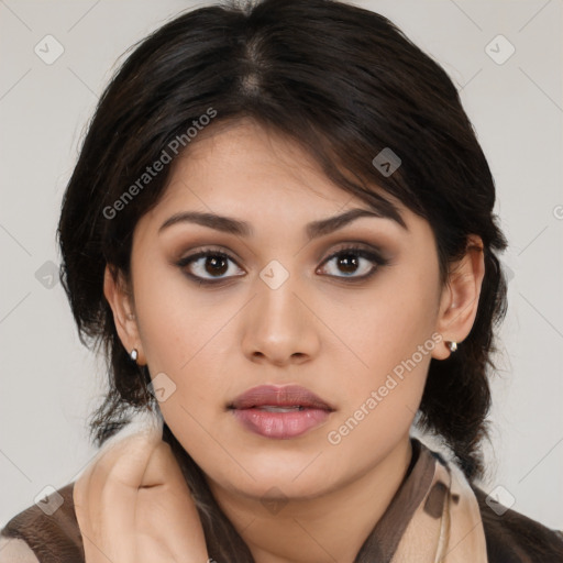 Neutral white young-adult female with medium  brown hair and brown eyes