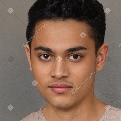 Neutral latino young-adult male with short  black hair and brown eyes