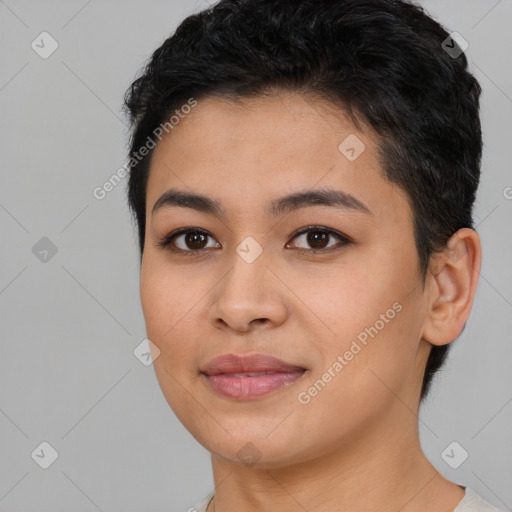 Joyful asian young-adult female with short  black hair and brown eyes