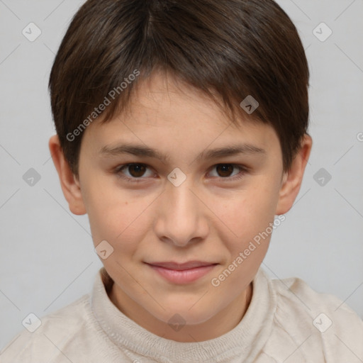 Joyful white child female with short  brown hair and brown eyes