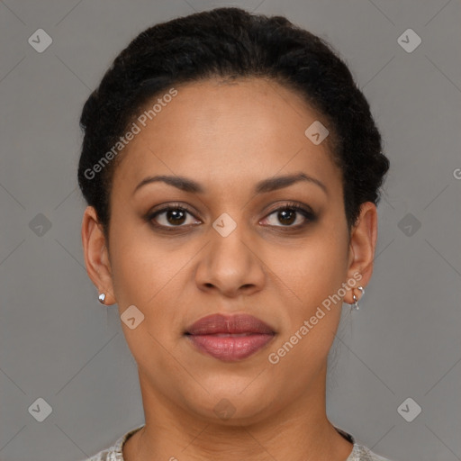 Joyful latino young-adult female with short  brown hair and brown eyes