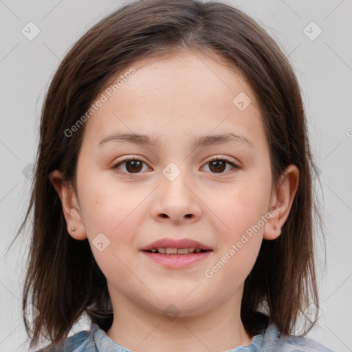 Joyful white child female with medium  brown hair and brown eyes