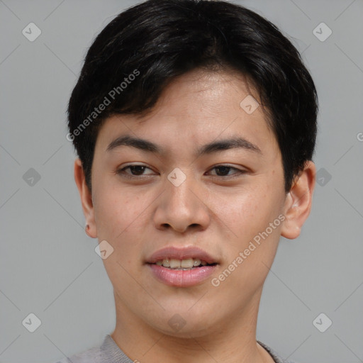 Joyful asian young-adult female with short  brown hair and brown eyes