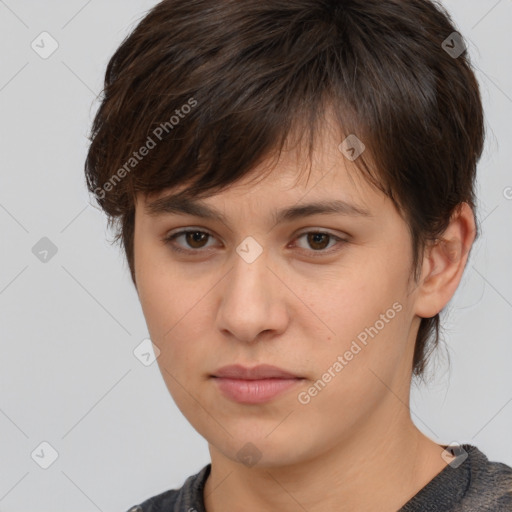 Neutral white young-adult female with medium  brown hair and brown eyes