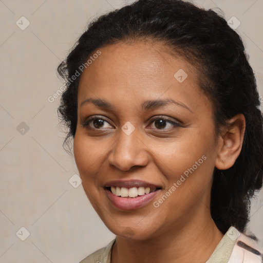 Joyful black young-adult female with medium  brown hair and brown eyes